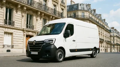 fourgon blanc moderne de type Renault Master ou Peugeot Boxer (10m³) stationné devant un immeuble