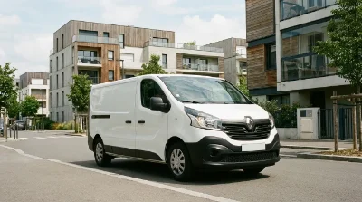Renault Trafic blanc 6m³ garé dans une rue résidentielle calme