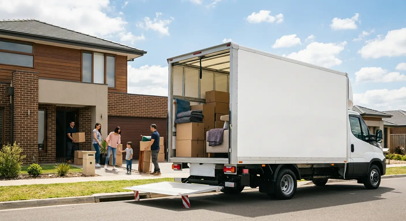 Camion utilitaire 20m3 devant une maison lors d'un déménagement