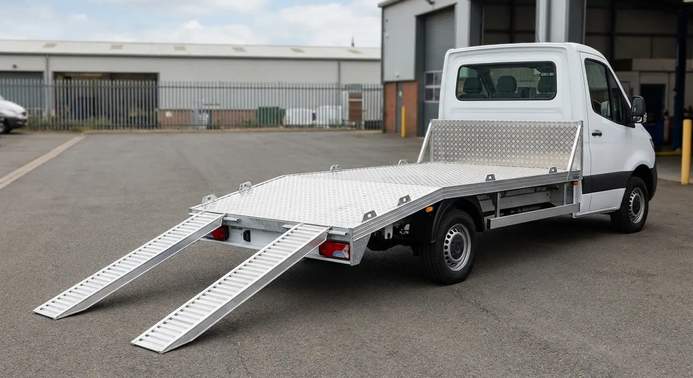 camion plateau simple blanc de 3,5 tonnes avec deux rampes métalliques amovibles