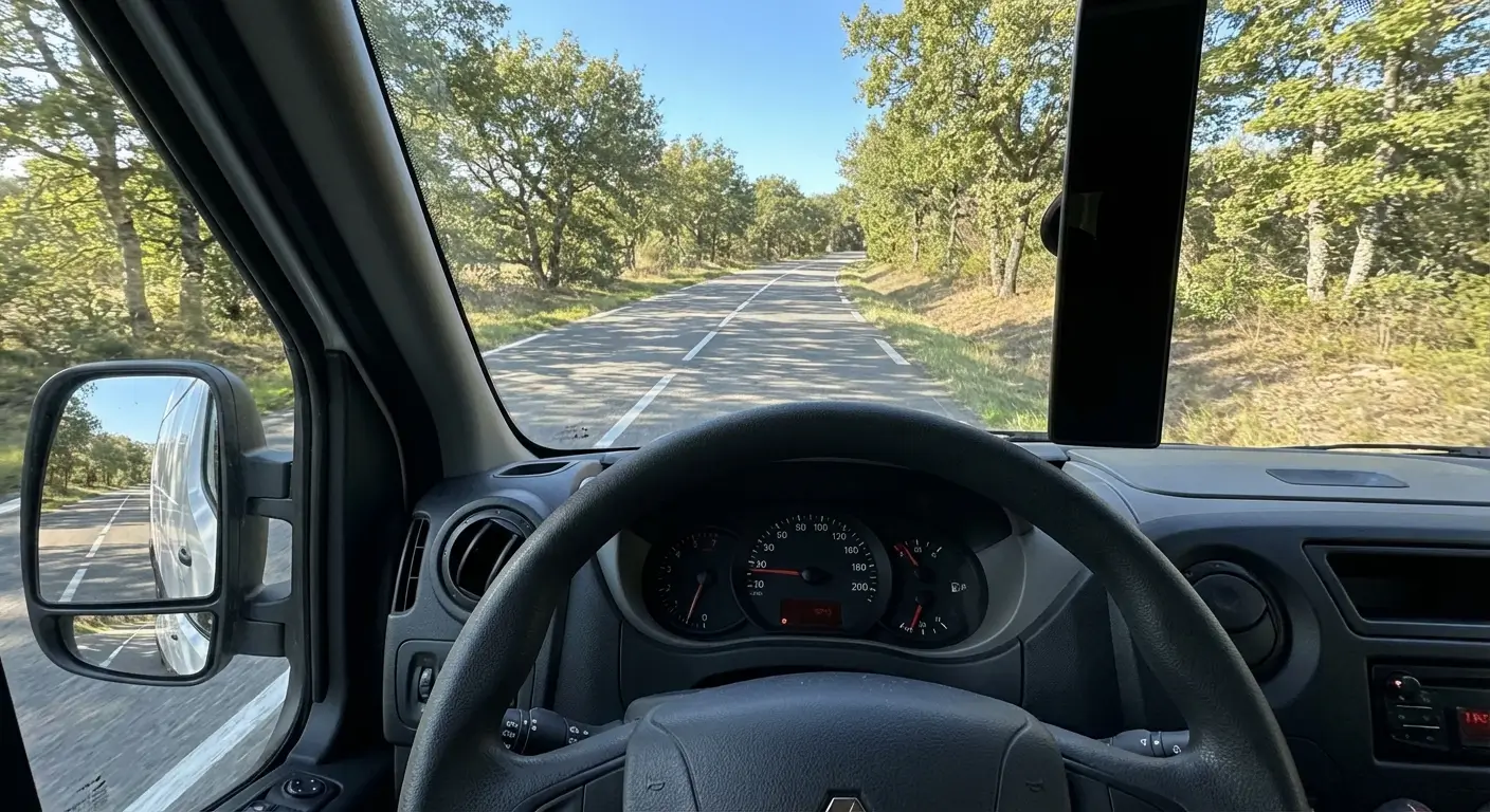 Vue depuis le siège conducteur d'un camion 20m³ montrant les rétroviseurs et la route