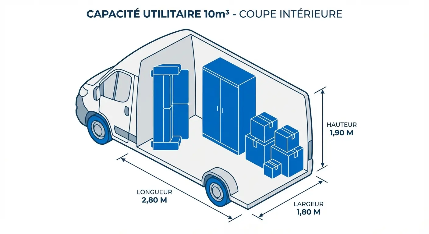 Schéma des dimensions intérieures d'un utilitaire 10m³