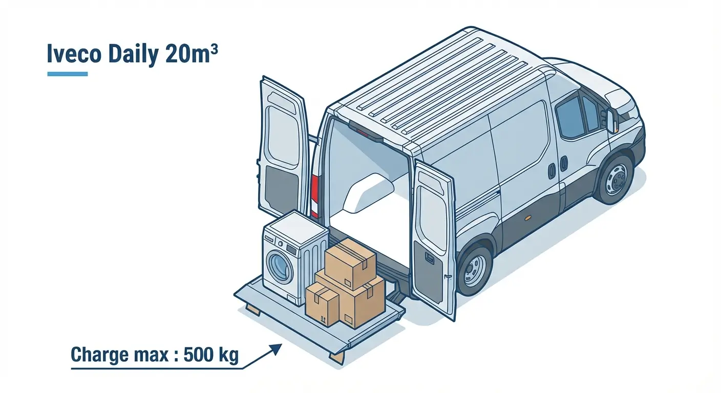 Chargement de meubles dans un Iveco Daily 20m³ via le hayon élévateur