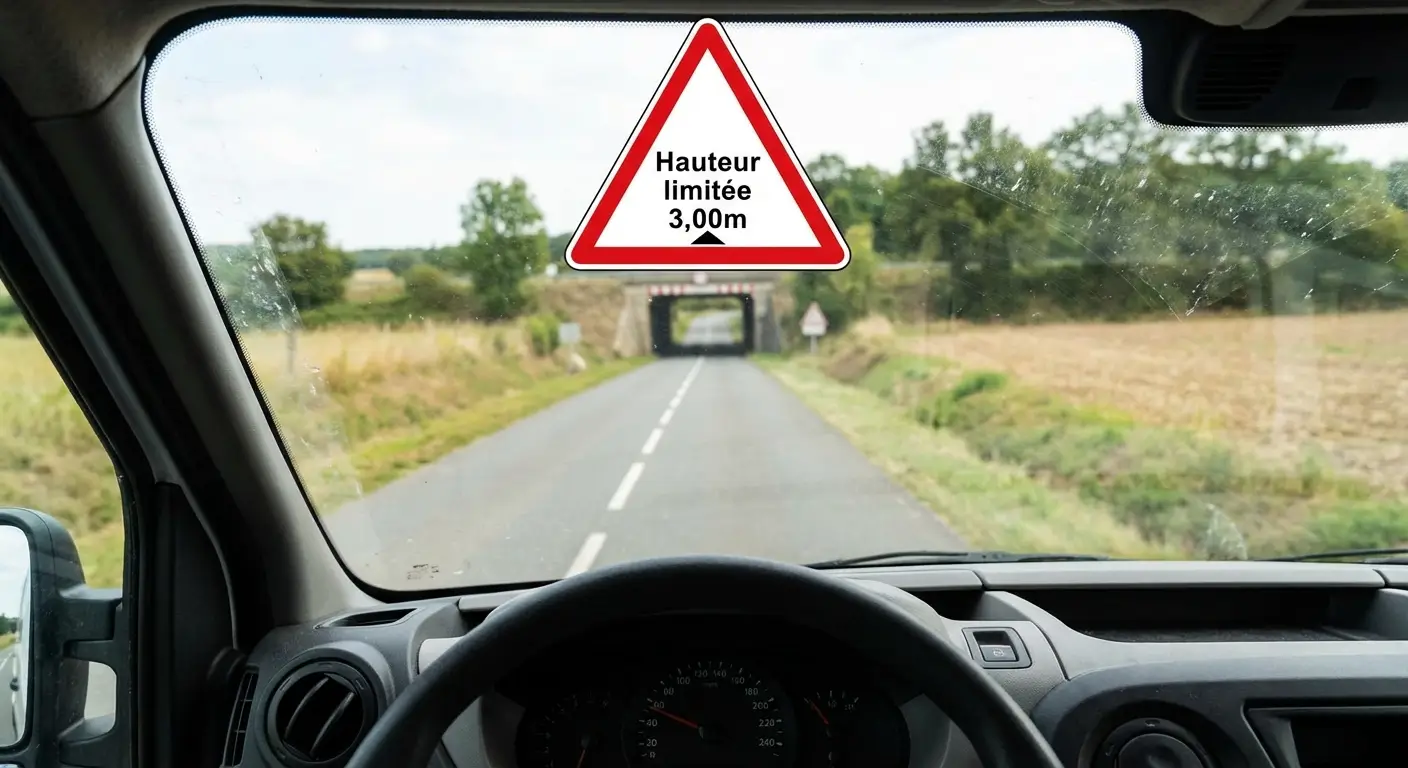 Panneau de limitation de hauteur à 3 mètres devant un tunnel