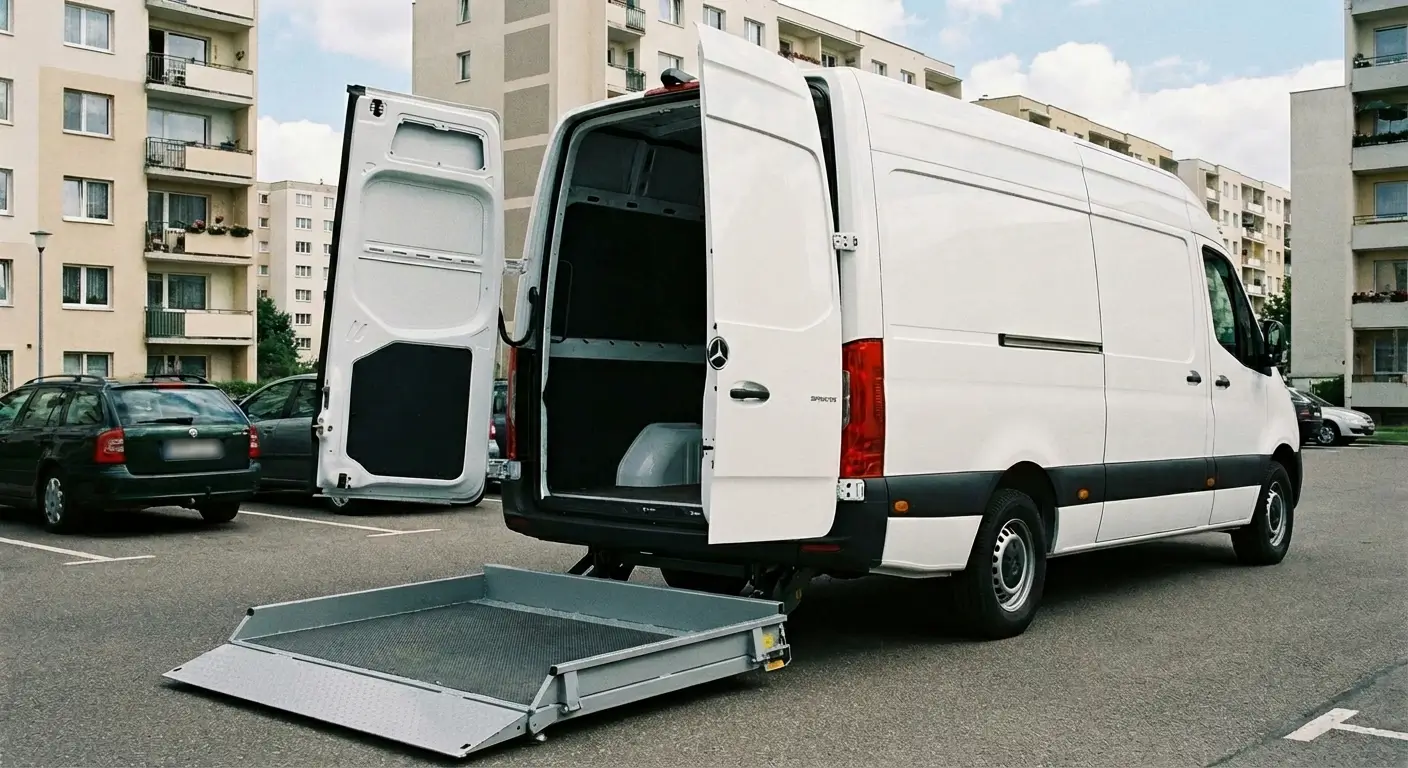 Camion 20m³ avec hayon élévateur hydraulique déplié à l'arrière
